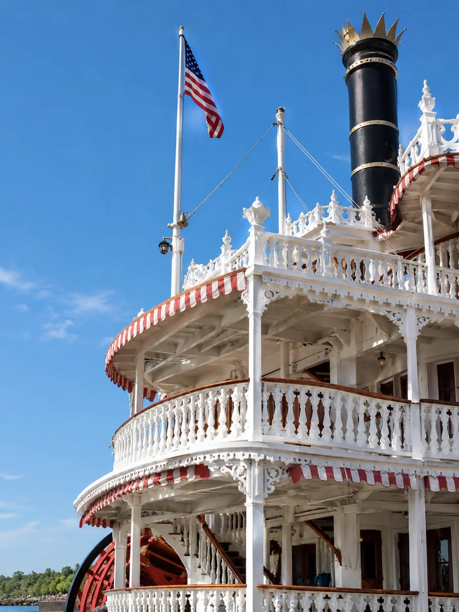White gingerbread railings, striped awnings and a black smokestack on a Victorian showboat under a blue sky