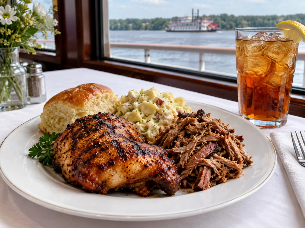 A plated Southern lunch of charred chicken, smoked pork, potato salad and a roll with iced tea