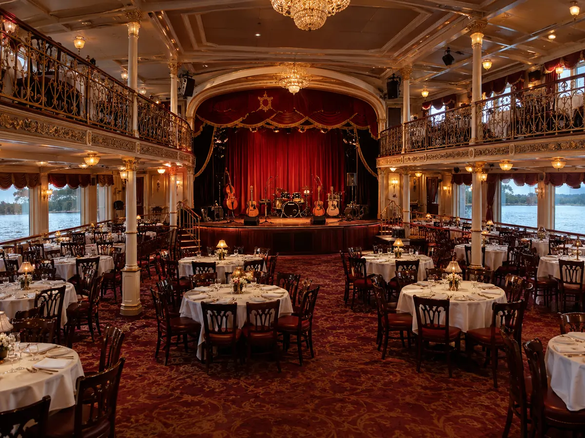 The Victorian Theater dining room with round tables, balconies and a stage set for a band